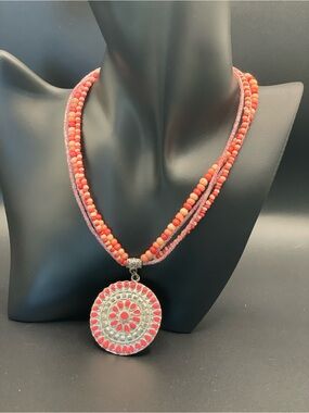 Pink Multi-Strand Seed Bead Statement Necklace with Silver Tone Floral Medallion